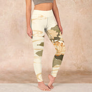 Buddha Stones Beige Lotus Flower Print Gym Fitness Leggings Women's Yoga Pants