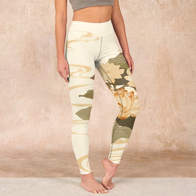 Buddha Stones Beige Lotus Flower Print Gym Fitness Leggings Women's Yoga Pants Leggings BS Beige US18，UK/AU22，EU50 (4XL)