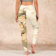 Buddha Stones Beige Lotus Flower Print Gym Fitness Leggings Women's Yoga Pants Leggings BS 15