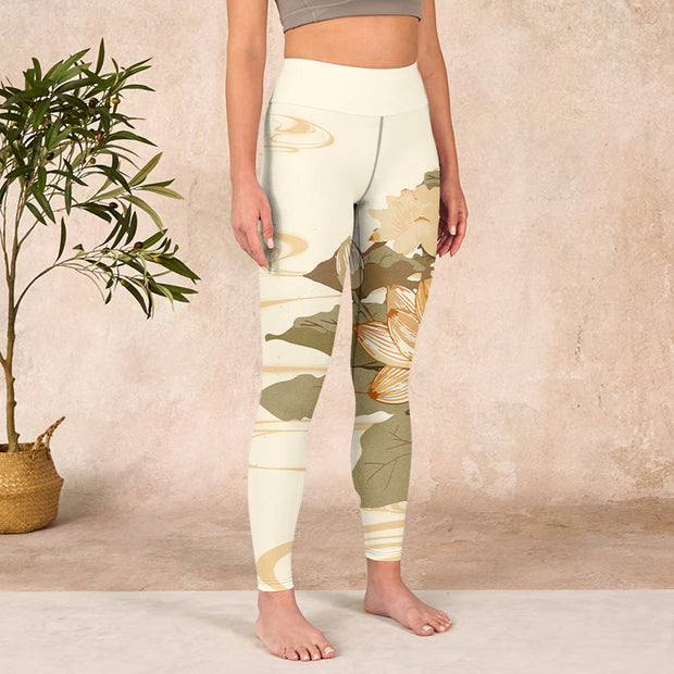 Buddha Stones Beige Lotus Flower Print Gym Fitness Leggings Women's Yoga Pants Leggings BS 3