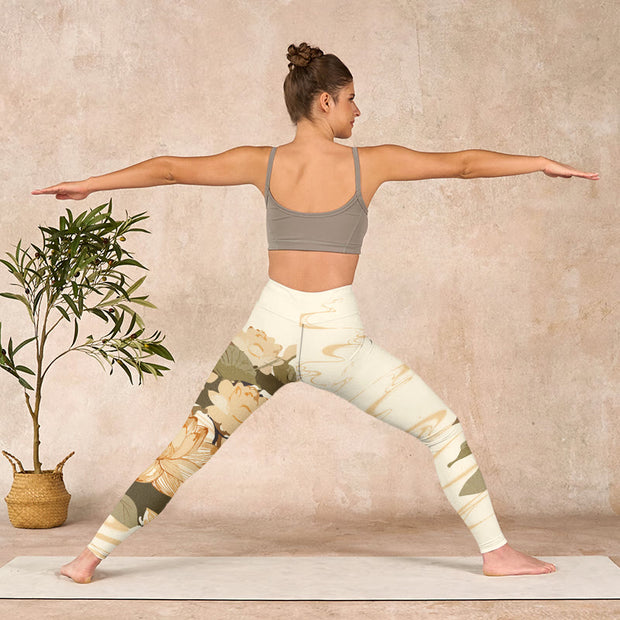 Buddha Stones Beige Lotus Flower Print Gym Fitness Leggings Women's Yoga Pants - image 11