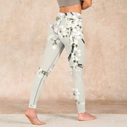 Buddha Stones White Magnolia Flower Print Sports Fitness Leggings Women's Yoga Pants Leggings BS 4