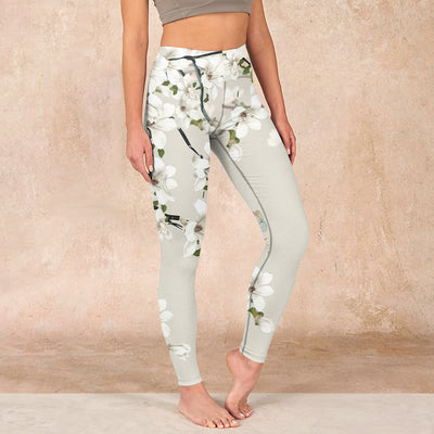 Buddha Stones White Magnolia Flower Print Sports Fitness Leggings Women's Yoga Pants