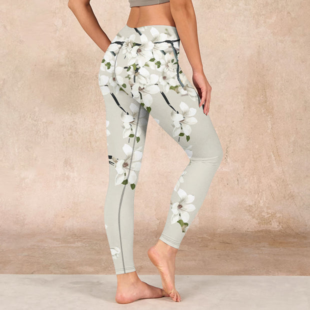 Buddha Stones White Magnolia Flower Print Sports Fitness Leggings Women's Yoga Pants - image 3
