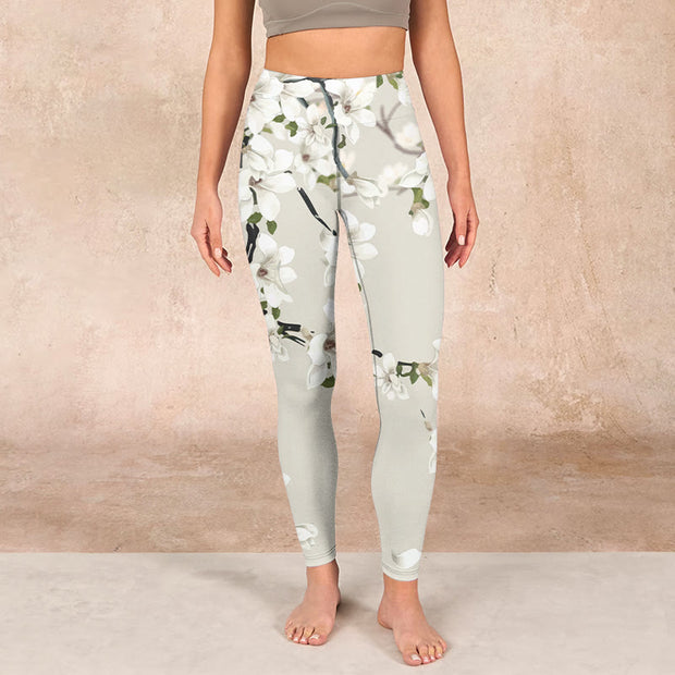 Buddha Stones White Magnolia Flower Print Sports Fitness Leggings Women's Yoga Pants