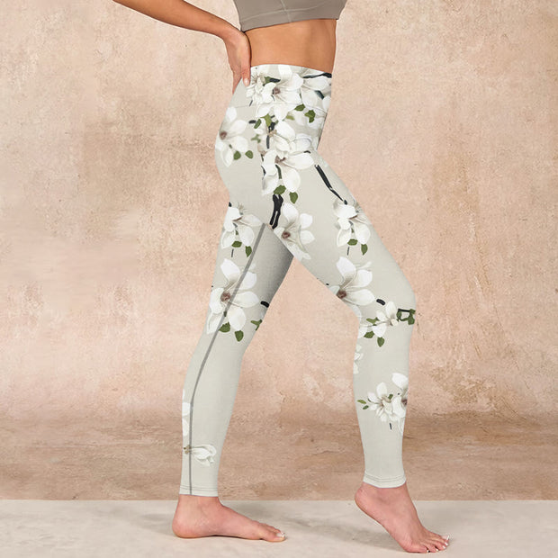 Buddha Stones White Magnolia Flower Print Sports Fitness Leggings Women's Yoga Pants