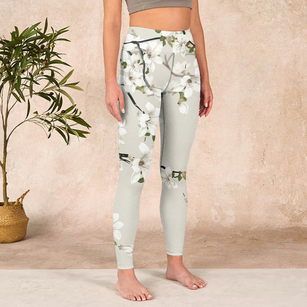 Buddha Stones White Magnolia Flower Print Sports Fitness Leggings Women's Yoga Pants Leggings BS 3