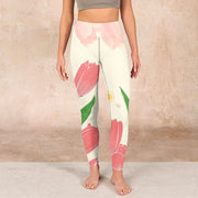 Buddha Stones Pink Tulip Flower Print Gym Fitness Leggings Women's Yoga Pants Leggings BS 1