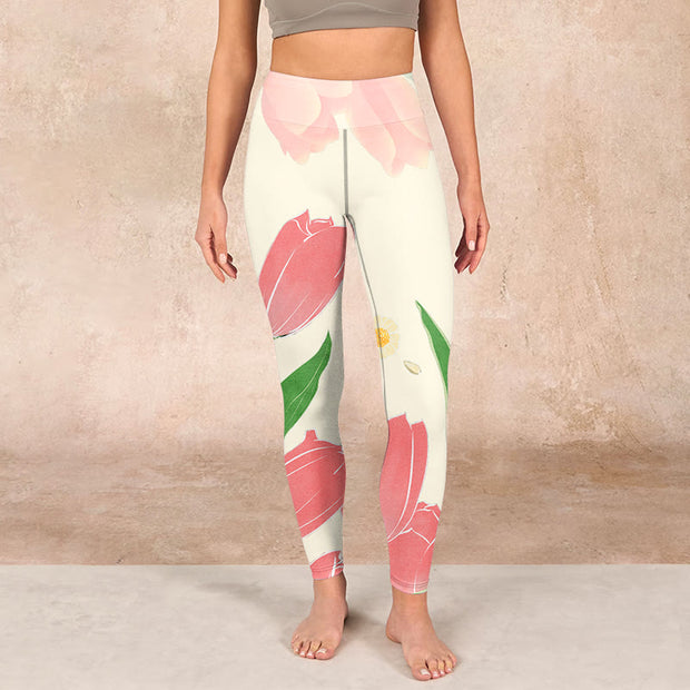 Buddha Stones Pink Tulip Flower Print Gym Fitness Leggings Women's Yoga Pants