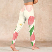 Buddha Stones Pink Tulip Flower Print Gym Fitness Leggings Women's Yoga Pants Leggings BS 4