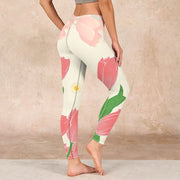 Buddha Stones Pink Tulip Flower Print Gym Fitness Leggings Women's Yoga Pants