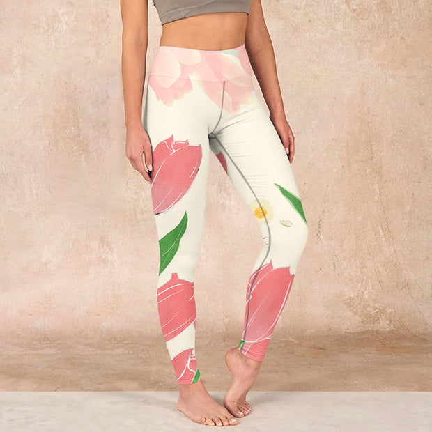 Buddha Stones Pink Tulip Flower Print Gym Fitness Leggings Women's Yoga Pants