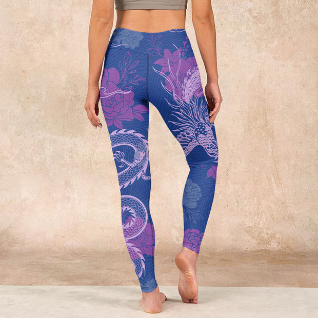 Buddha Stones Purple Dragon Phoenix Flowers Print Gym Leggings Women's Yoga Pants