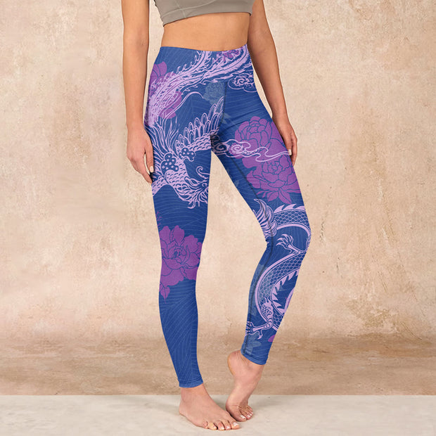 Buddha Stones Purple Dragon Phoenix Flowers Print Gym Leggings Women's Yoga Pants