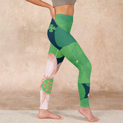 Buddha Stones Green Lotus Flower Leaf Print Sports Fitness Leggings Women's Yoga Pants Leggings BS 17