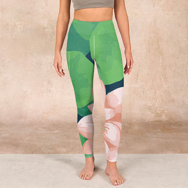 Buddha Stones Green Lotus Flower Leaf Print Sports Fitness Leggings Women's Yoga Pants - image 2