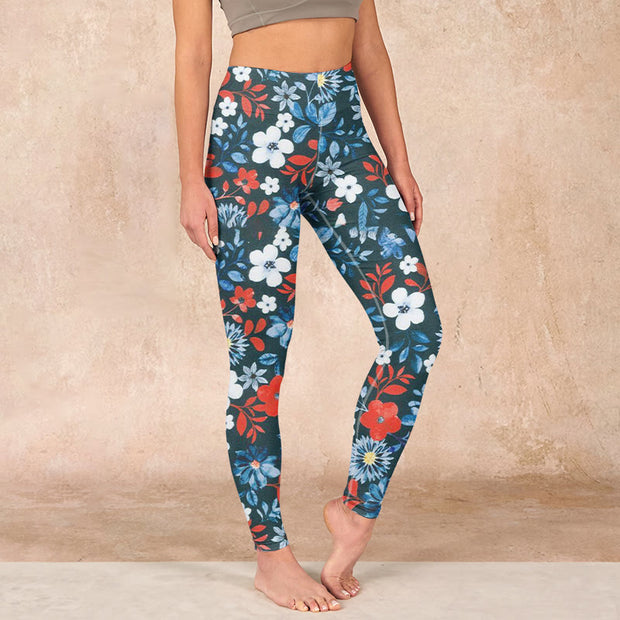 Buddha Stones Red White Flower Dandelion Print Gym Fitness Leggings Women's Yoga Pants