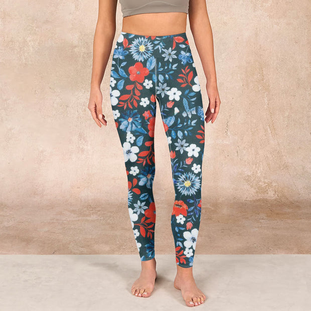 Buddha Stones Red White Flower Dandelion Print Gym Fitness Leggings Women's Yoga Pants Leggings BS 1