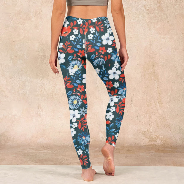 Buddha Stones Red White Flower Dandelion Print Gym Fitness Leggings Women's Yoga Pants Leggings BS 16