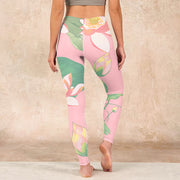 Buddha Stones Pink Lotus Flower Leaf Print Gym Fitness Leggings Women's Yoga Pants Leggings BS 15