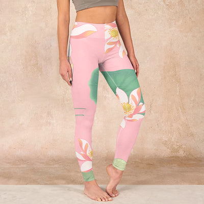 Buddha Stones Pink Lotus Flower Leaf Print Gym Fitness Leggings Women's Yoga Pants - LightPink - US18，UK/AU22，EU50 (4XL) - image 1