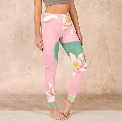 Buddha Stones Pink Lotus Flower Leaf Print Gym Fitness Leggings Women's Yoga Pants