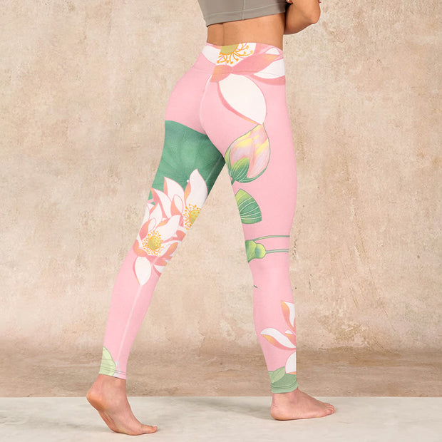 Buddha Stones Pink Lotus Flower Leaf Print Gym Fitness Leggings Women's Yoga Pants