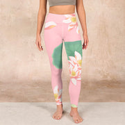 Buddha Stones Pink Lotus Flower Leaf Print Gym Fitness Leggings Women's Yoga Pants Leggings BS 1