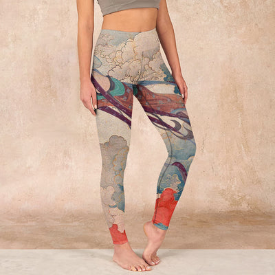 Buddha Stones Dunhuang Flying Apsaras Auspicious Clouds Print Fitness Leggings Women's Yoga Pants - Tan - US18，UK/AU22，EU50 (4XL) - image 1