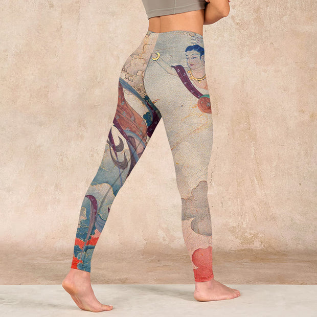 Buddha Stones Dunhuang Flying Apsaras Auspicious Clouds Print Fitness Leggings Women's Yoga Pants