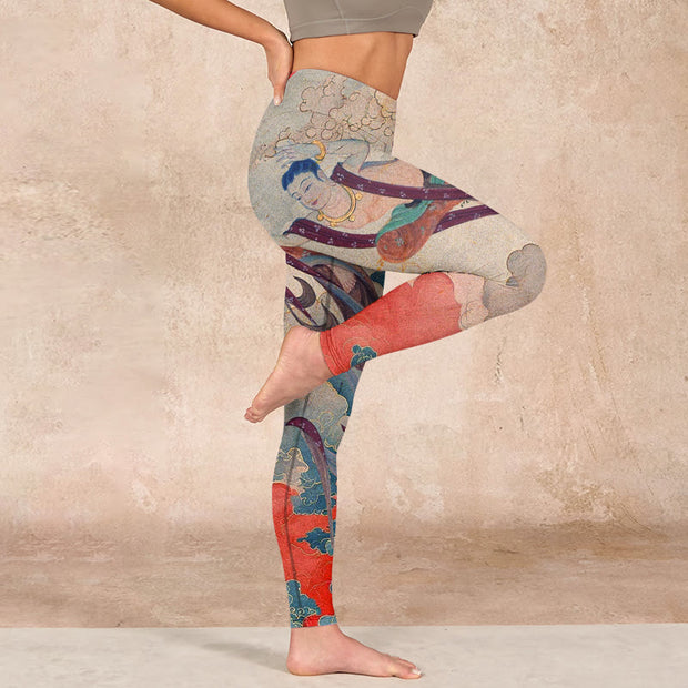 Buddha Stones Dunhuang Flying Apsaras Auspicious Clouds Print Fitness Leggings Women's Yoga Pants Leggings BS 16