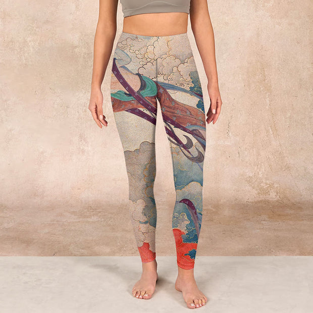 Buddha Stones Dunhuang Flying Apsaras Auspicious Clouds Print Fitness Leggings Women's Yoga Pants Leggings BS 1