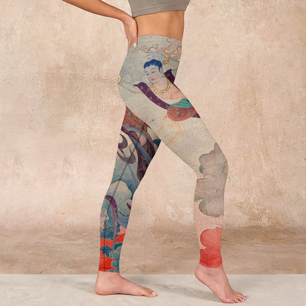 Buddha Stones Dunhuang Flying Apsaras Auspicious Clouds Print Fitness Leggings Women's Yoga Pants Leggings BS 17