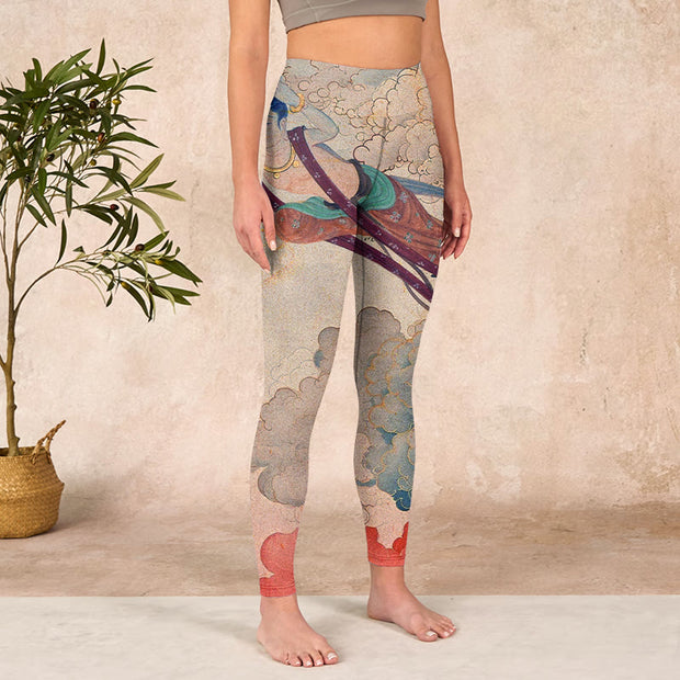 Buddha Stones Dunhuang Flying Apsaras Auspicious Clouds Print Fitness Leggings Women's Yoga Pants