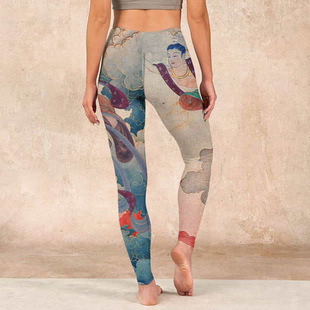 Buddha Stones Dunhuang Flying Apsaras Auspicious Clouds Print Fitness Leggings Women's Yoga Pants Leggings BS 15