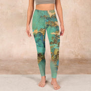 Buddha Stones Chinese Style Green Mountains Landscape Print Lycra Fabric Fitness Leggings Women's Yoga Pants