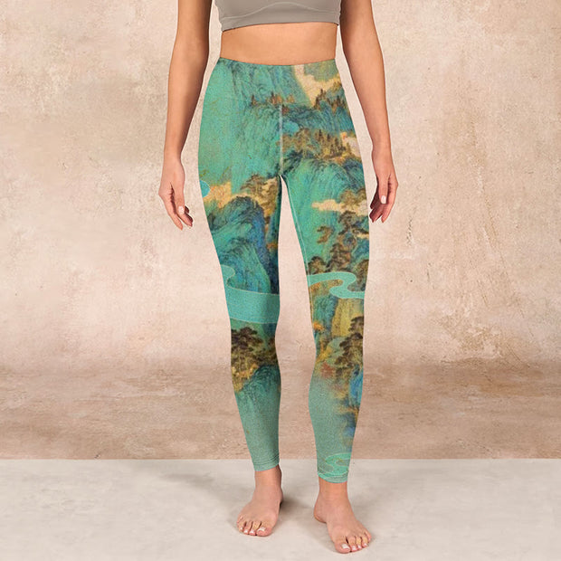 Buddha Stones Chinese Style Green Mountains Landscape Print Lycra Fabric Fitness Leggings Women's Yoga Pants Leggings BS 1