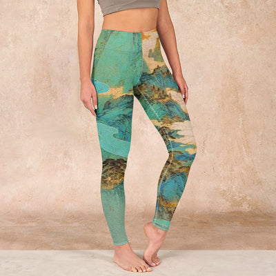 Buddha Stones Chinese Style Green Mountains Landscape Print Lycra Fabric Fitness Leggings Women's Yoga Pants - ForestGreen - US18，UK/AU22，EU50 (4XL) - image 1