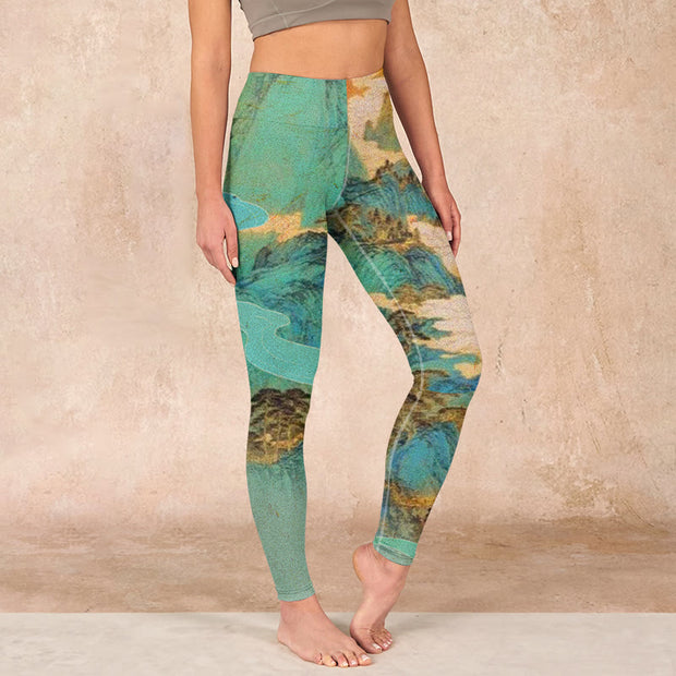 Buddha Stones Chinese Style Green Mountains Landscape Print Lycra Fabric Fitness Leggings Women's Yoga Pants Leggings BS ForestGreen US18，UK/AU22，EU50 (4XL)