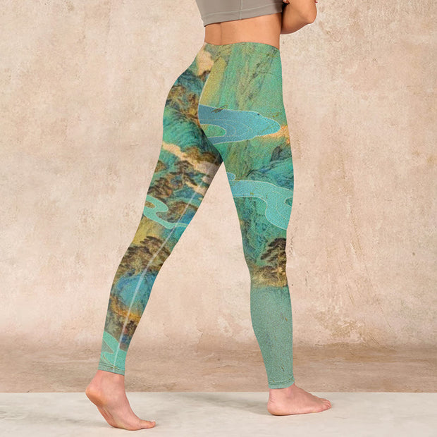 Buddha Stones Chinese Style Green Mountains Landscape Print Lycra Fabric Fitness Leggings Women's Yoga Pants Leggings BS 4