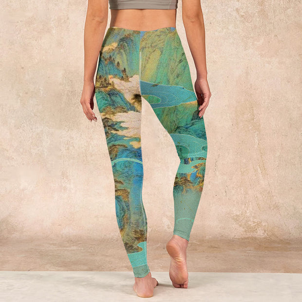 Buddha Stones Chinese Style Green Mountains Landscape Print Lycra Fabric Fitness Leggings Women's Yoga Pants