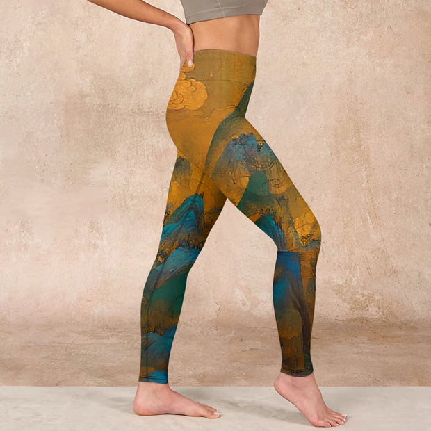 Buddha Stones Dark Goldenrod Mountain Print Fitness Leggings Women's Yoga Pants Leggings BS 17