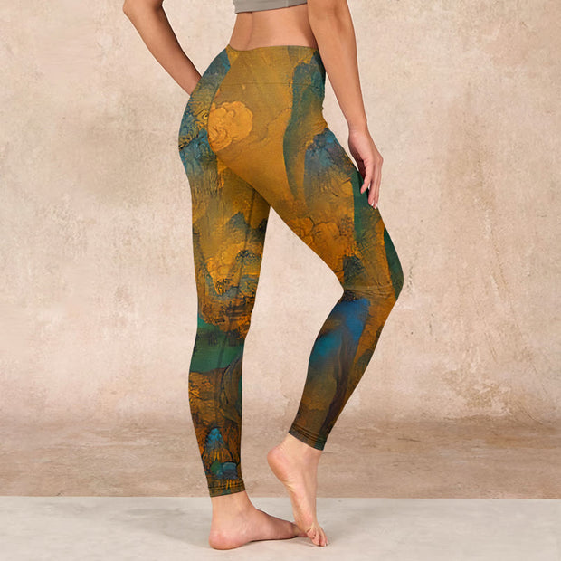 Buddha Stones Dark Goldenrod Mountain Print Fitness Leggings Women's Yoga Pants Leggings BS 2