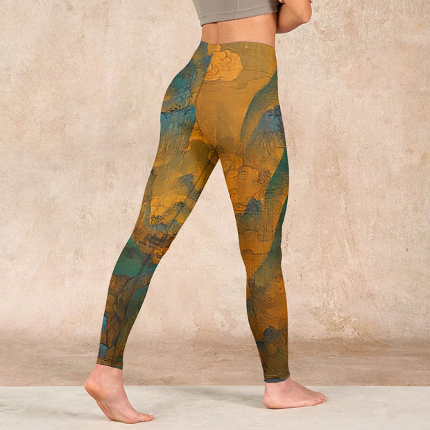 Buddha Stones Dark Goldenrod Mountain Print Fitness Leggings Women's Yoga Pants