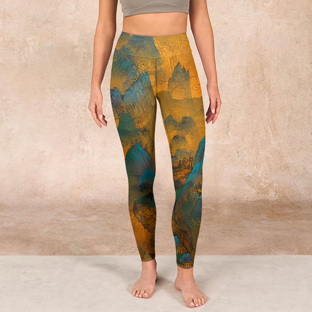 Buddha Stones Dark Goldenrod Mountain Print Fitness Leggings Women's Yoga Pants - image 2