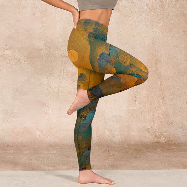 Buddha Stones Dark Goldenrod Mountain Print Fitness Leggings Women's Yoga Pants