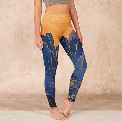 Buddha Stones Dark Blue Mountain Sunset Print Fitness Leggings Women's Yoga Pants - MidnightBlue - US18，UK/AU22，EU50 (4XL) - image 1