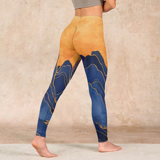 Buddha Stones Dark Blue Mountain Sunset Print Fitness Leggings Women's Yoga Pants