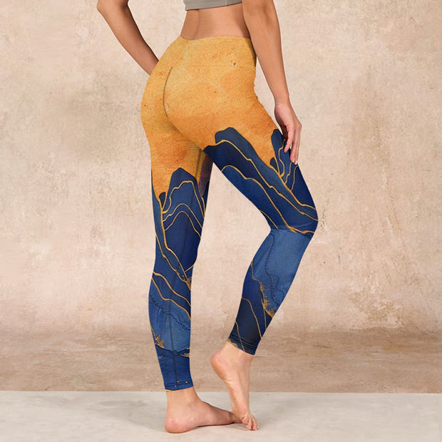 Buddha Stones Dark Blue Mountain Sunset Print Fitness Leggings Women's Yoga Pants Leggings BS 2