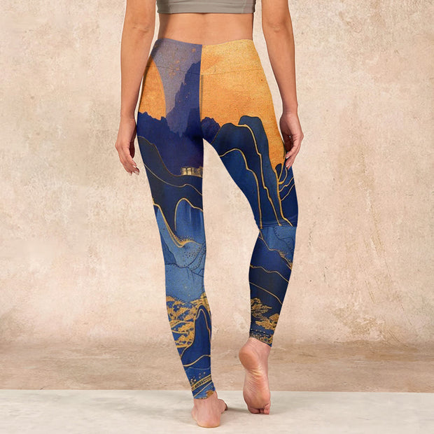 Buddha Stones Dark Blue Mountain Sunset Print Fitness Leggings Women's Yoga Pants